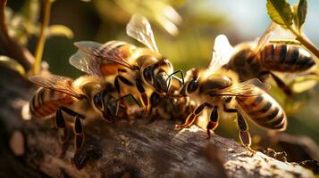 une groupe de mon chéri les abeilles perché sur une ruche, ai génératif photo