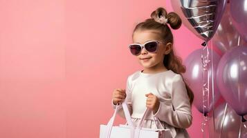 une peu fille portant une blanc robe et lunettes, dépeint le figure de une riches femme, en portant une luxe marque achats sac, ai génératif photo