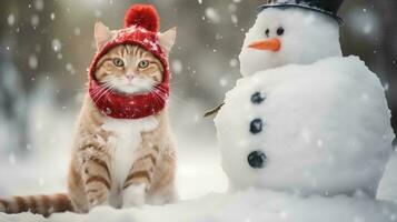 une chat portant une Père Noël chapeau et écharpe est suivant à une neige sculpture, ai génératif photo