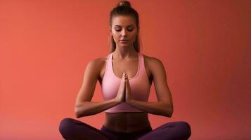une femme dans une rose des sports soutien-gorge et leggings est Faire yoga, ai génératif photo
