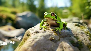 une grenouille animal séance sur une magnifique rivière osciller, ai génératif photo