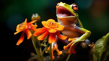 une grenouille est assis sur une fleur bifurquer, ai génératif photo