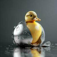 une canard est séance à l'intérieur de une argent œuf, ai génératif photo