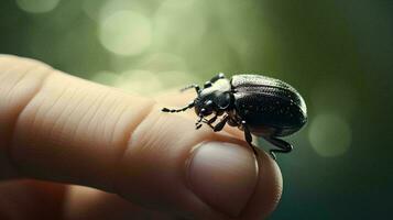 une noir scarabée des promenades sur une Humain doigt, ai génératif photo