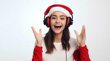 Jeune femme portant Père Noël chapeau posant écoute à la musique dans écouteurs et en chantant, sur isolé blanc arrière-plan, ai génératif photo