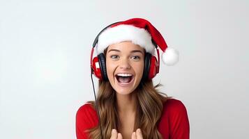 Jeune femme portant Père Noël chapeau posant écoute à la musique dans écouteurs et en chantant, sur isolé blanc arrière-plan, ai génératif photo