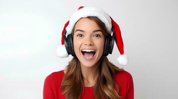 Jeune femme portant Père Noël chapeau posant écoute à la musique dans écouteurs et en chantant, sur isolé blanc arrière-plan, ai génératif photo