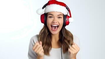 Jeune femme portant Père Noël chapeau posant écoute à la musique dans écouteurs et en chantant, sur isolé blanc arrière-plan, ai génératif photo