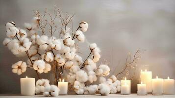 conception pour élégant table bannière avec coton fleurs et arôme bougies près le mur, ai génératif photo