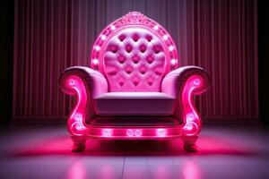 luxueux rose chaise avec rose éclairage et néon éclairage dans une spacieux chambre. génératif ai photo