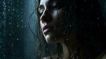 une femme est triste dans le pluie, ai génératif photo