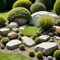 jardin décoré avec rochers et fleurs et les plantes isolé sur blanc Contexte. ai génératif photo