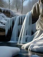 une congelé cascade, ses en cascade des eaux transformé dans chatoyant. ai génératif photo