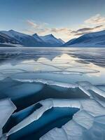 une panoramique vue de une congelé lac, avec des fissures dans le la glace révélateur le Profond bleu profondeurs dessous. ai génératif photo