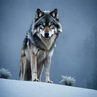 une seul Loup permanent fièrement sur une couvert de neige colline. ai génératif photo