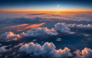 illustration de une vue de une groupe de des nuages et le plein lune, Photos pris de un avion. ai génératif