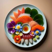 une blanc assiette surmonté avec Sushi et légumes, incroyable nourriture la photographie. ai génératif photo