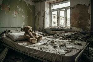 ours sur hôpital lit, bombardé ville. produire ai photo