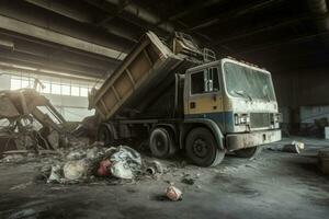 des ordures un camion dumping intérieur. produire ai photo