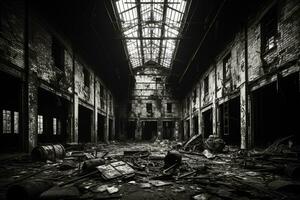 vide abandonné vieux entrepôt intérieur, sombre, industriel, sale, obscurité ai généré photo