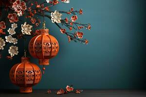 chinois Nouveau année concept, rouge chinois papier lanterne, avec mandarin des oranges, maquette, copie espace ai généré photo