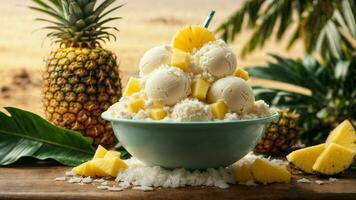 une tropical paradis avec une scoop de noix de coco la glace crème Contexte image ai génératif photo