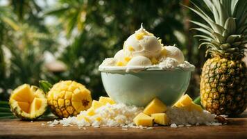 une tropical paradis avec une scoop de noix de coco la glace crème Contexte image ai génératif photo