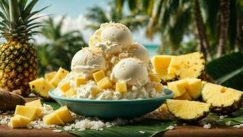 une tropical paradis avec une scoop de noix de coco la glace crème Contexte image ai génératif photo