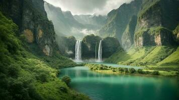 une serein, tranquille Lac niché dans une verdoyant vallée, entouré par imposant falaises et en cascade cascades, la nature Contexte ai génératif photo