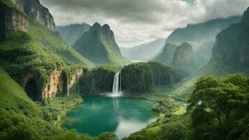 une serein, tranquille Lac niché dans une verdoyant vallée, entouré par imposant falaises et en cascade cascades, la nature Contexte ai génératif photo