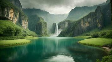 une serein, tranquille Lac niché dans une verdoyant vallée, entouré par imposant falaises et en cascade cascades, la nature Contexte ai génératif photo