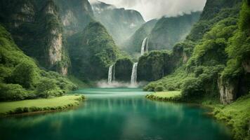 une serein, tranquille Lac niché dans une verdoyant vallée, entouré par imposant falaises et en cascade cascades, la nature Contexte ai génératif photo