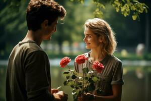 Jeune homme donne fleurs bouqet à le sien petite amie dans le parc. surpris le sien petite amie à célébrer spécial journée. génératif ai photo