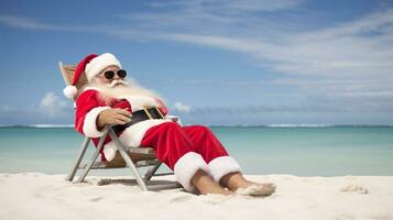 ai génératif Père Noël sur vacances relaxant sur une tropical plage photo