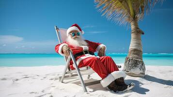 ai génératif Père Noël sur vacances relaxant sur une tropical plage photo