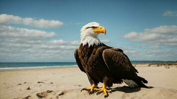 une magnifique été journée avec bleu ciel et une seul de Steller mer Aigle plus de le plage ai génératif photo