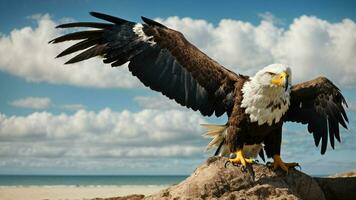 une magnifique été journée avec bleu ciel et une seul de Steller mer Aigle plus de le plage ai génératif photo