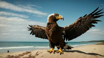 une magnifique été journée avec bleu ciel et une seul de Steller mer Aigle plus de le plage ai génératif photo