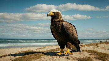 une magnifique été journée avec bleu ciel et une seul de Steller mer Aigle plus de le plage ai génératif photo