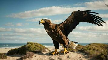 une magnifique été journée avec bleu ciel et une seul de Steller mer Aigle plus de le plage ai génératif photo