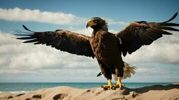 une magnifique été journée avec bleu ciel et une seul de Steller mer Aigle plus de le plage ai génératif photo