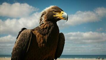 une magnifique été journée avec bleu ciel et une seul de Steller mer Aigle plus de le plage ai génératif photo