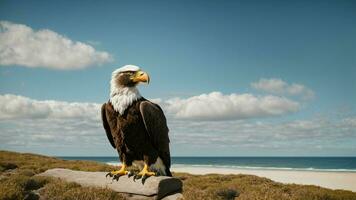 une magnifique été journée avec bleu ciel et une seul de Steller mer Aigle plus de le plage ai génératif photo