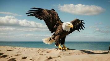 une magnifique été journée avec bleu ciel et une seul de Steller mer Aigle plus de le plage ai génératif photo