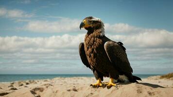 une magnifique été journée avec bleu ciel et une seul de Steller mer Aigle plus de le plage ai génératif photo