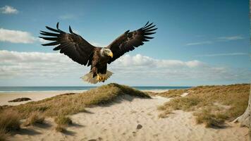 une magnifique été journée avec bleu ciel et une seul de Steller mer Aigle plus de le plage ai génératif photo