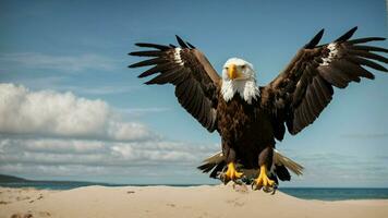 une magnifique été journée avec bleu ciel et une seul de Steller mer Aigle plus de le plage ai génératif photo