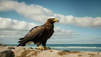 une magnifique été journée avec bleu ciel et une seul de Steller mer Aigle plus de le plage ai génératif photo