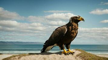 une magnifique été journée avec bleu ciel et une seul de Steller mer Aigle plus de le plage ai génératif photo