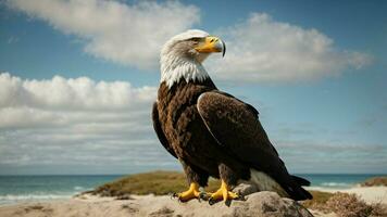 une magnifique été journée avec bleu ciel et une seul de Steller mer Aigle plus de le plage ai génératif photo